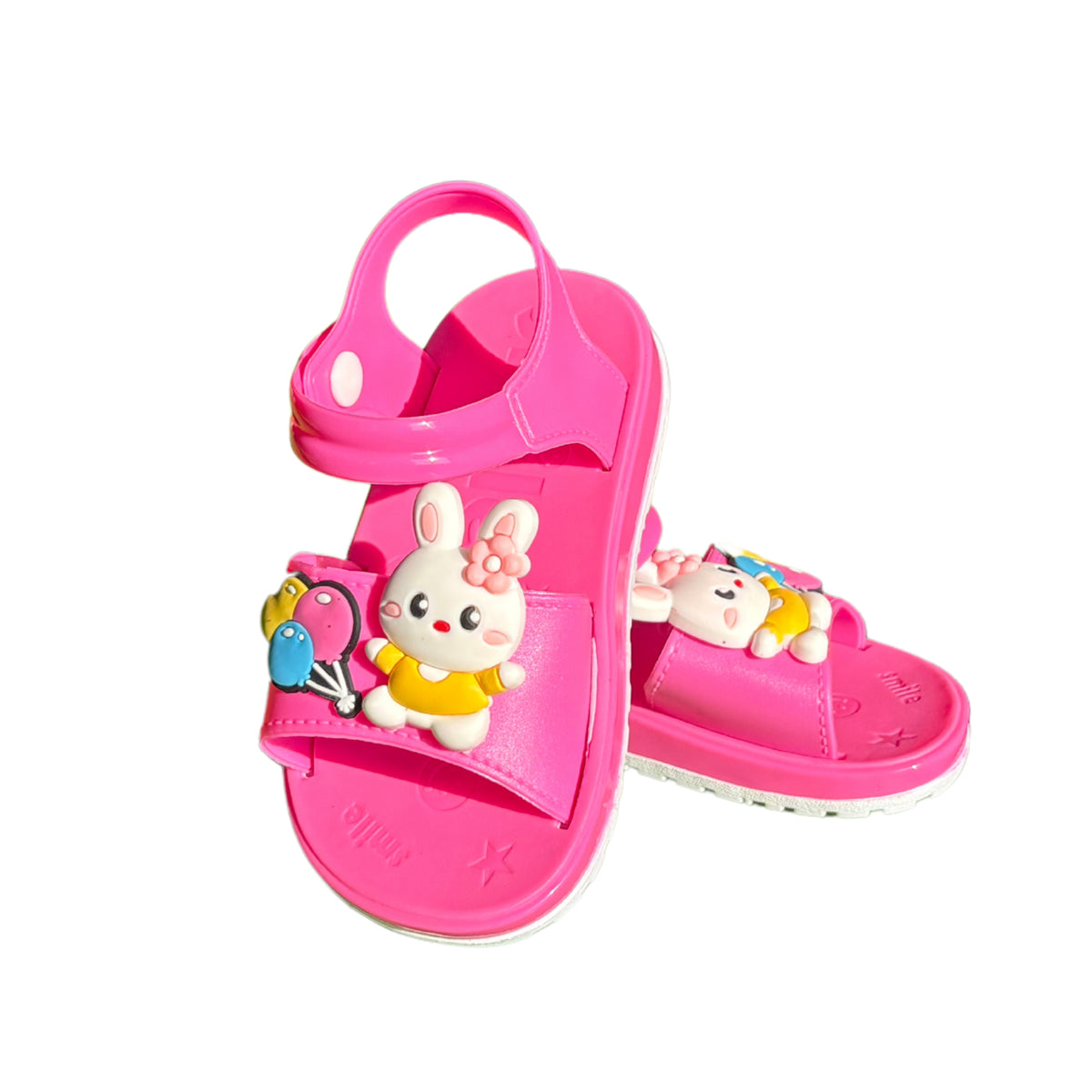 Pair of fuchsia Troop Rabbit sandals for girls, with a bunny and balloons on the front and a heel strap