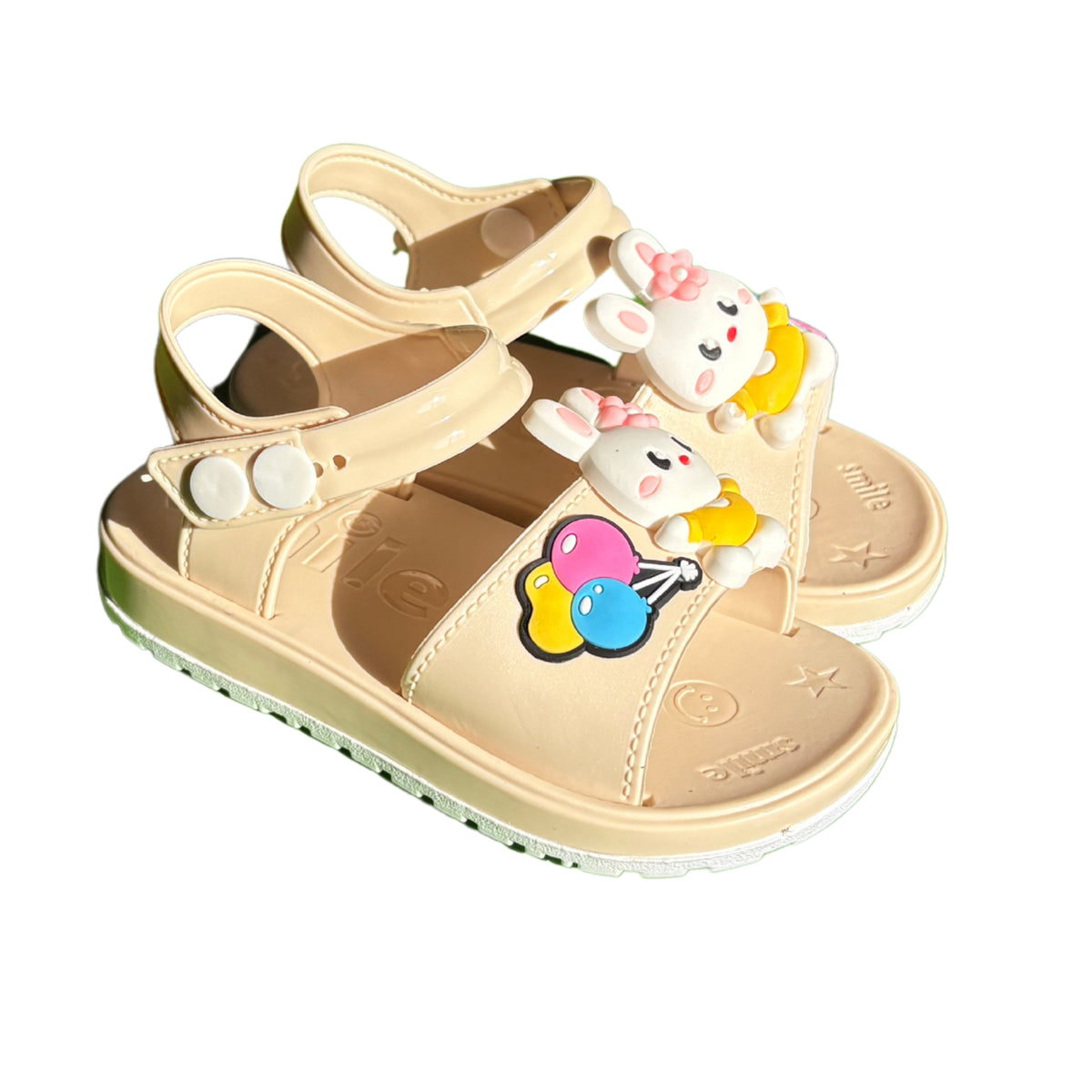 Pair of beige Troop Rabbit sandals for girls, with a bunny and balloons on the front and a heel strap