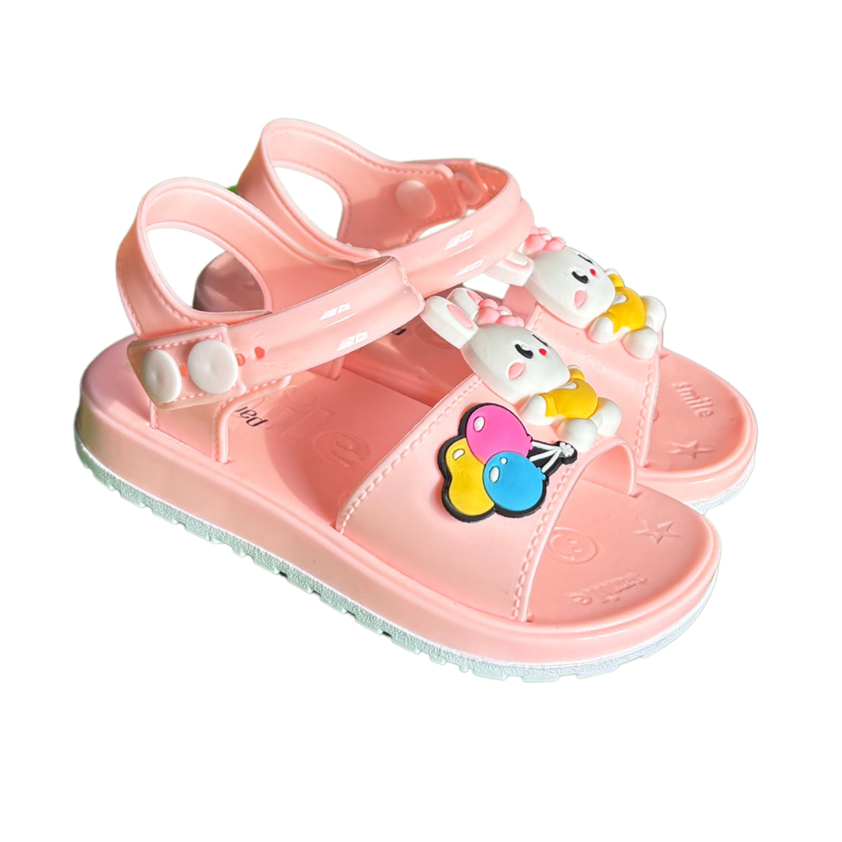 Par de sandalias Troop Rabbit pink para niña, con conejita y globos al frente y tira al talón