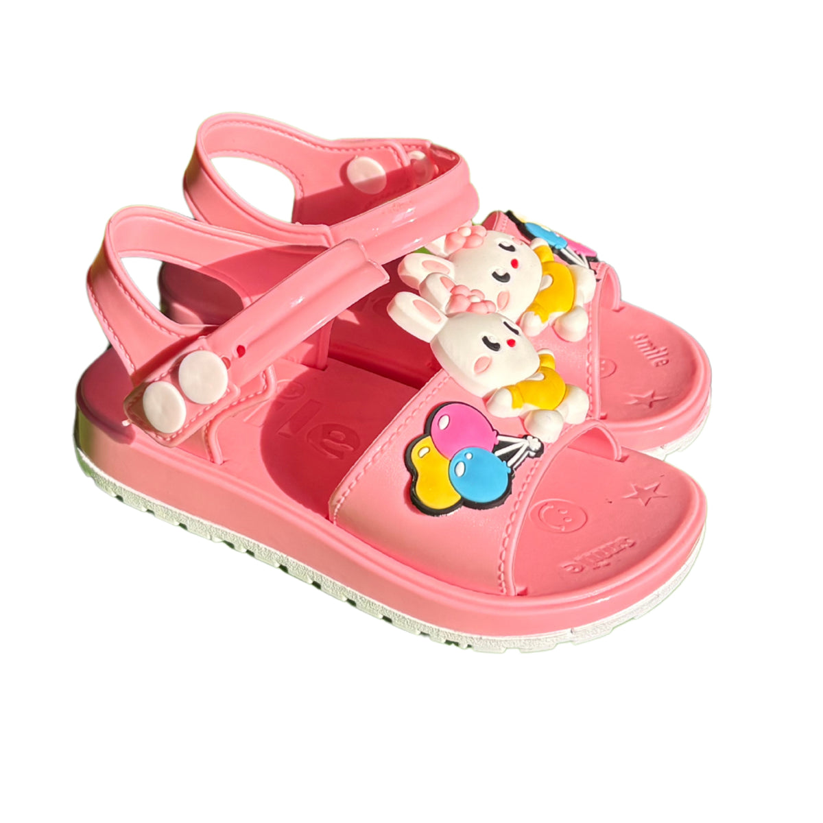 Pair of rose Troop Rabbit sandals for girls, with a little bunny and balloons on the front and a heel strap