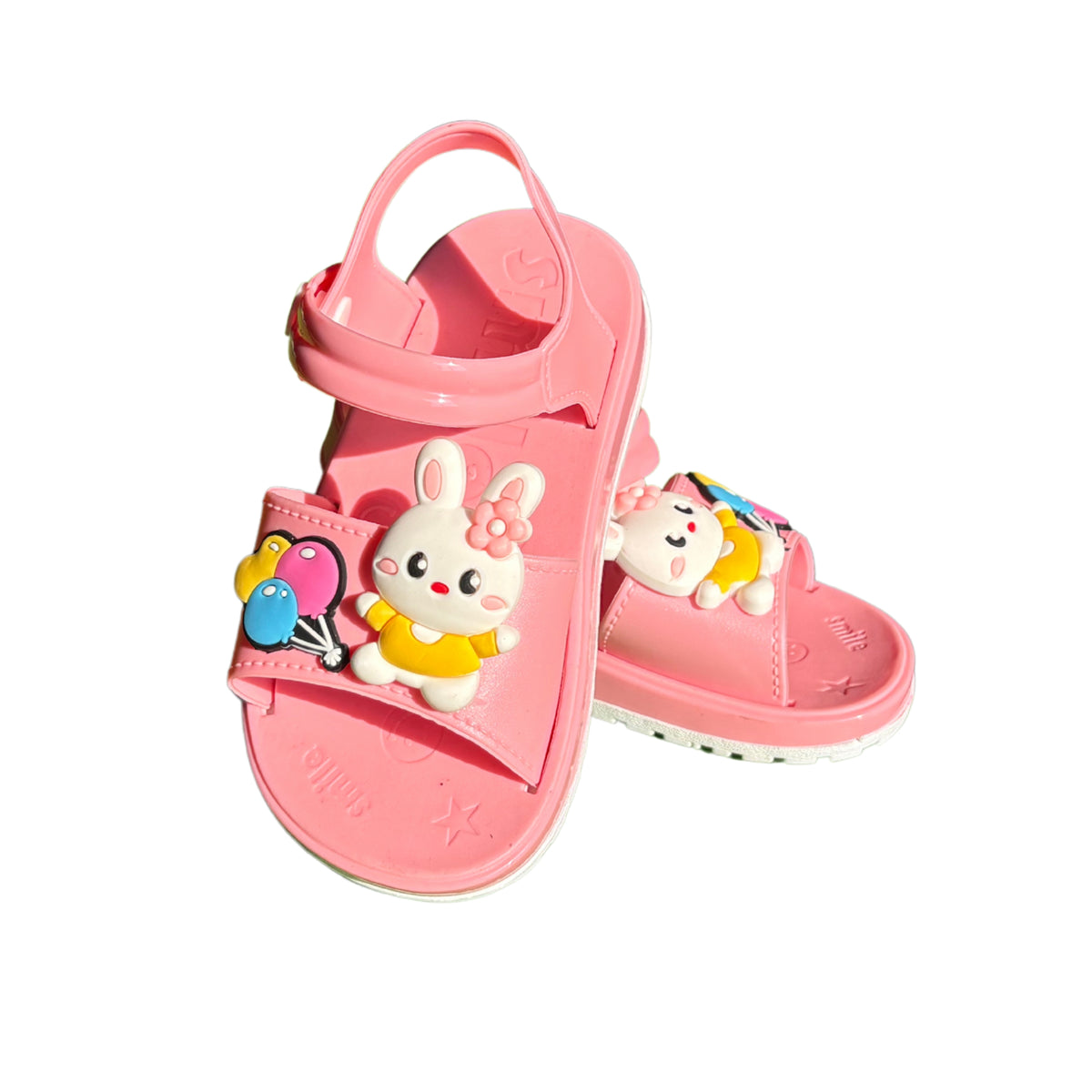 Pair of rose Troop Rabbit sandals for girls, with a little bunny and balloons on the front and a heel strap
