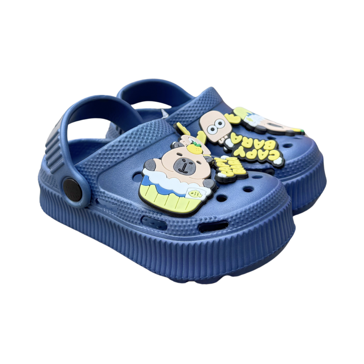Par de suecos Capibara azules oscuros para niño, con capibara decorativo y tira al talón, suela antideslizante y impermeables