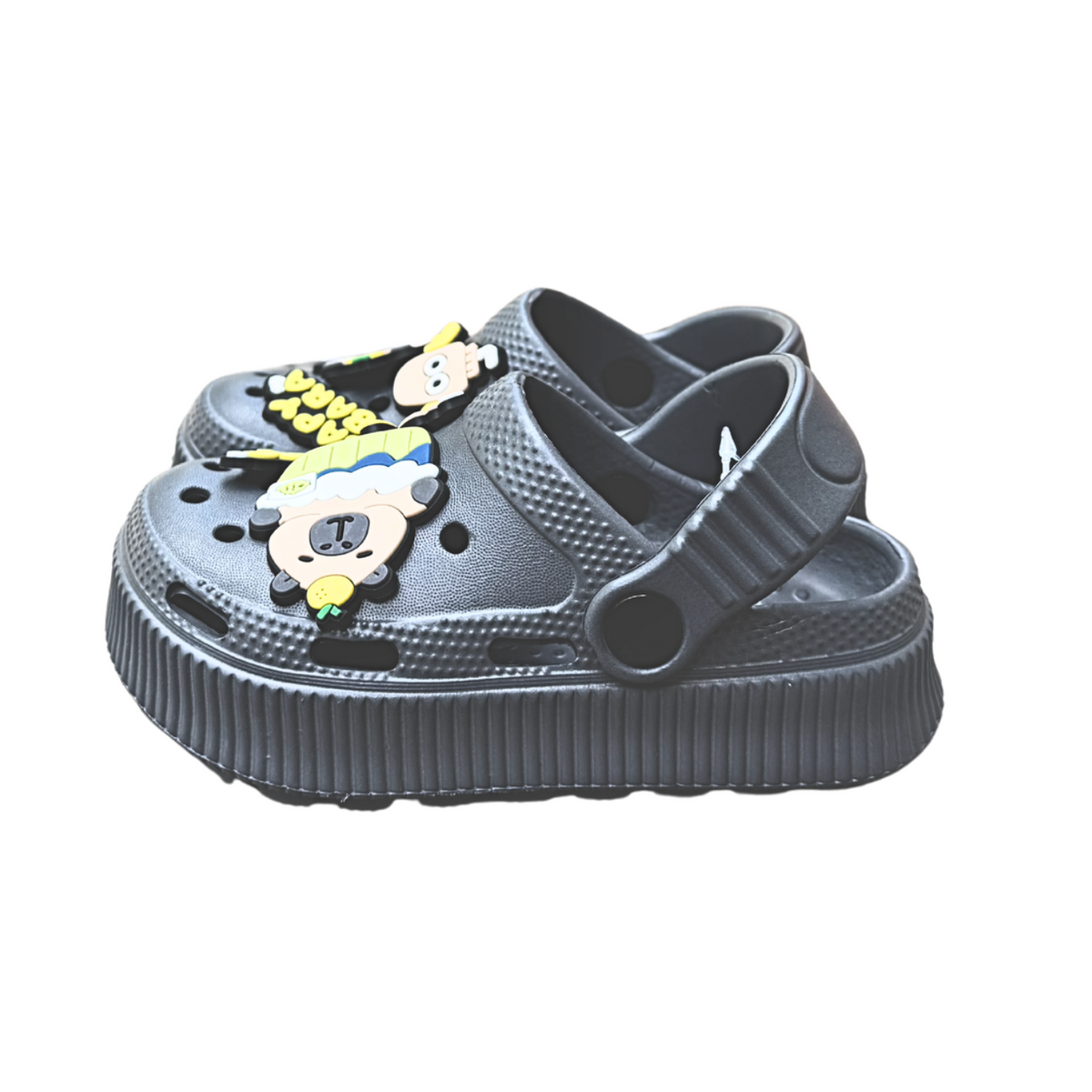 Sueco Capibara gris para niño, con capibara decorativo y tira al talón, vista de lado, suela antideslizante y impermeable