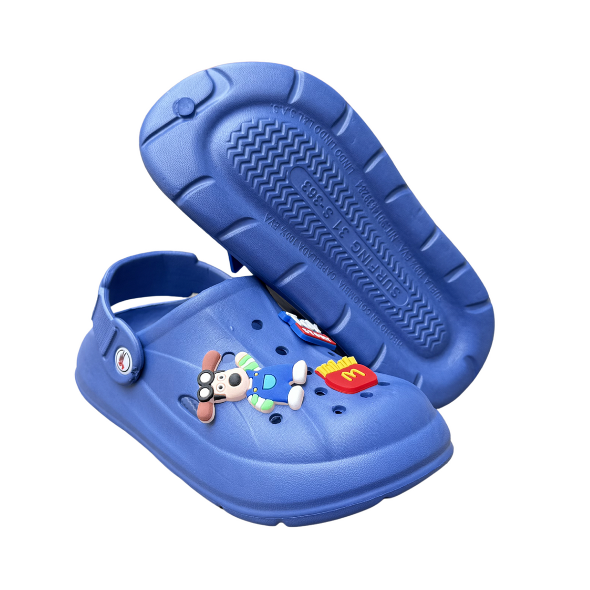 Par de suecos Toy Story azules para niño, con apliques de Toy Story y tira al talón, una de lado y otra por la suela