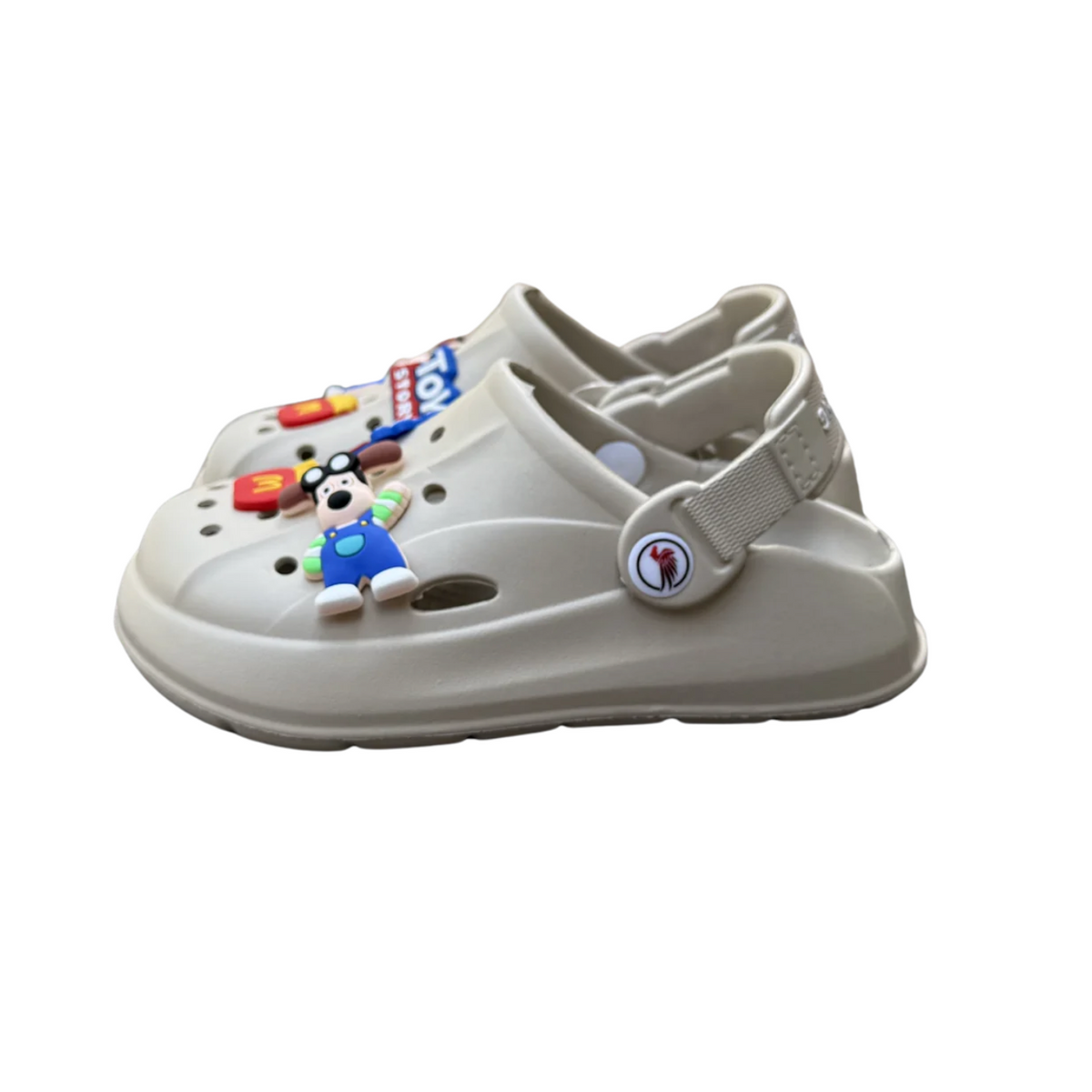 Sueco Toy Story beige para niño, con apliques de Toy Story y tira al talón, vista de lado, suela antideslizante y impermeable