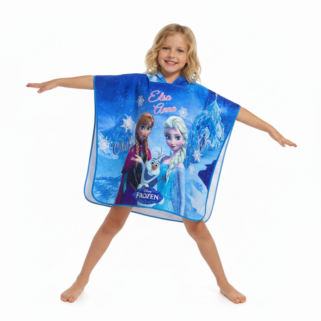 Girl wearing the Frozen poncho towel with Elsa, Anna and Olaf from Frozen, hooded, in microfiber