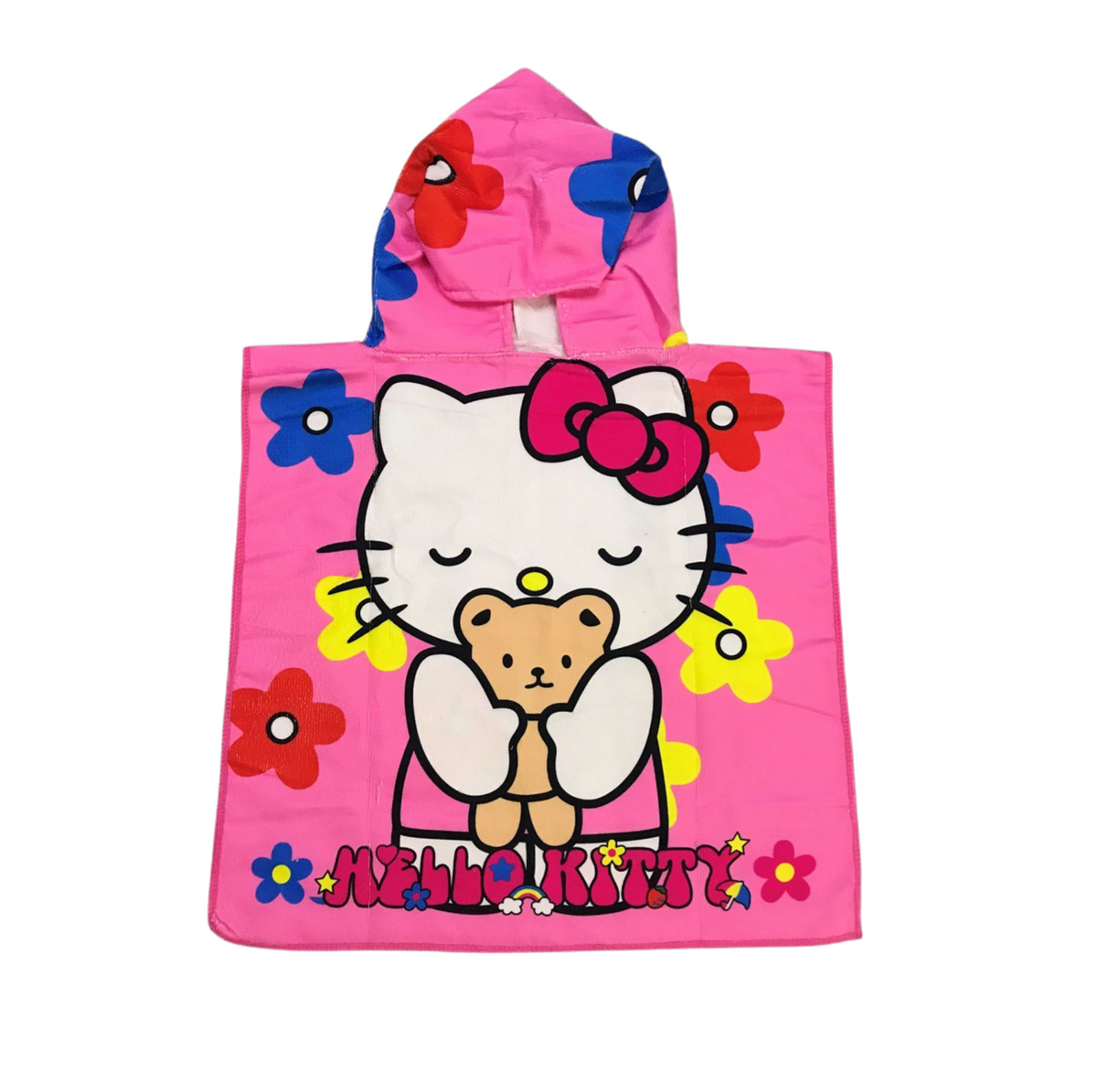 Girls' hooded microfiber Hello Kitty 2 poncho towel in pink with Hello Kitty and a teddy bear