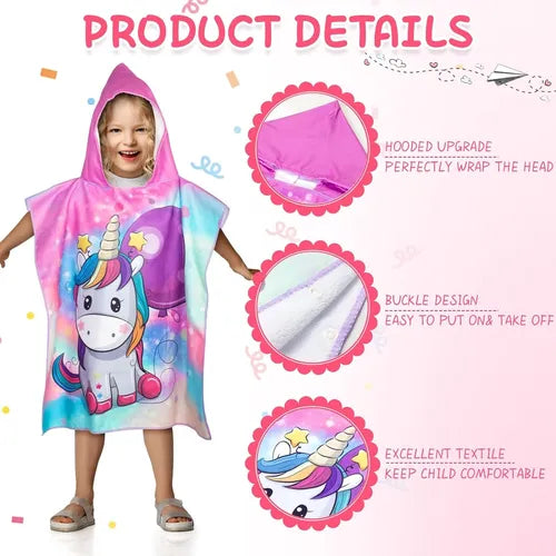 Girl wearing the unicorn and balloon poncho towel, with a close-up of the hood and snap