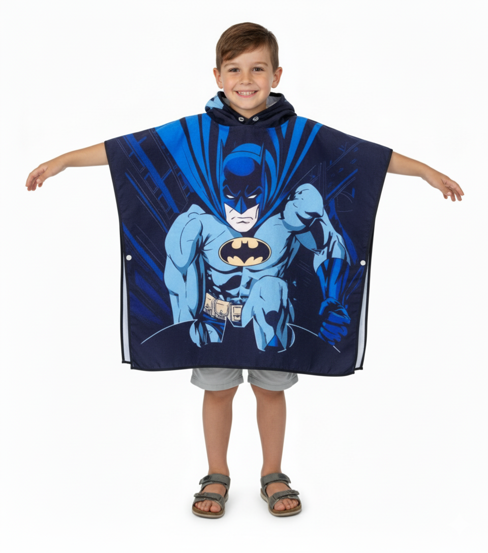 Boy wearing the Batman poncho towel, dark blue with Batman, hooded, in microfiber