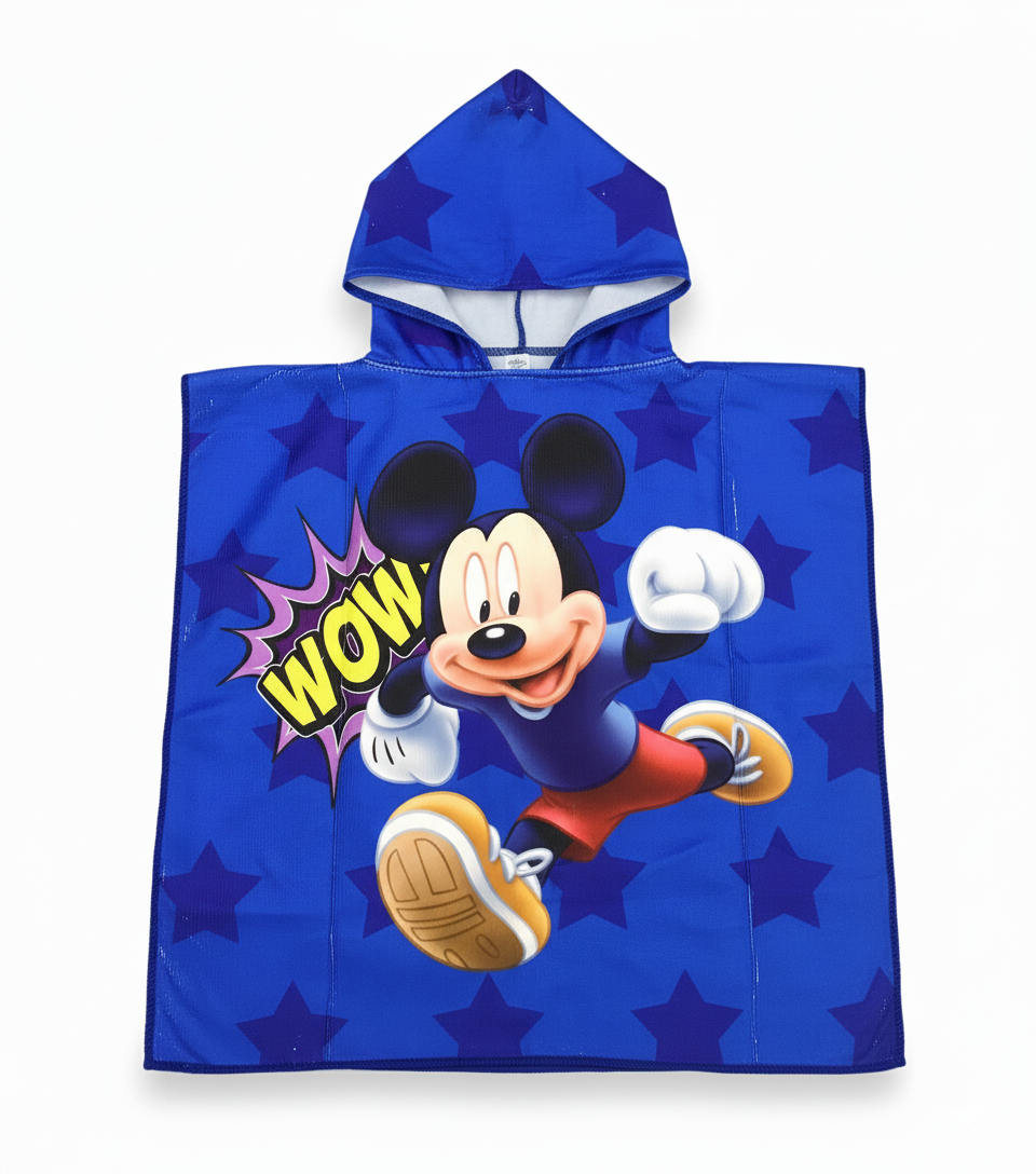 Mickey poncho towel for boys, blue with stars and Mickey, hooded, microfiber