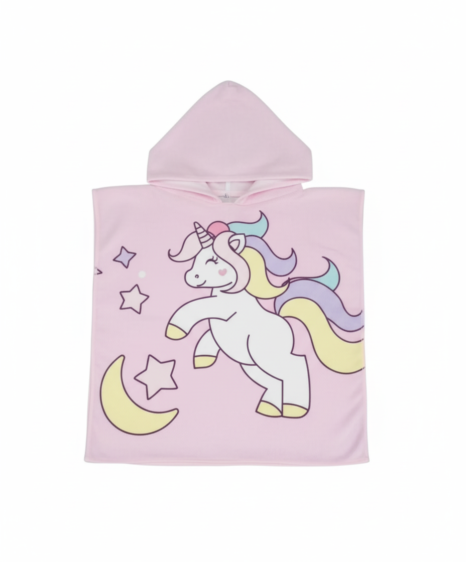 Girls' hooded microfiber Unicorn Moon poncho towel in light pink with a unicorn, moon and stars
