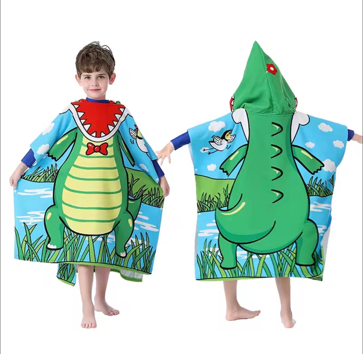 Boy wearing the crocodile poncho towel, front and back view
