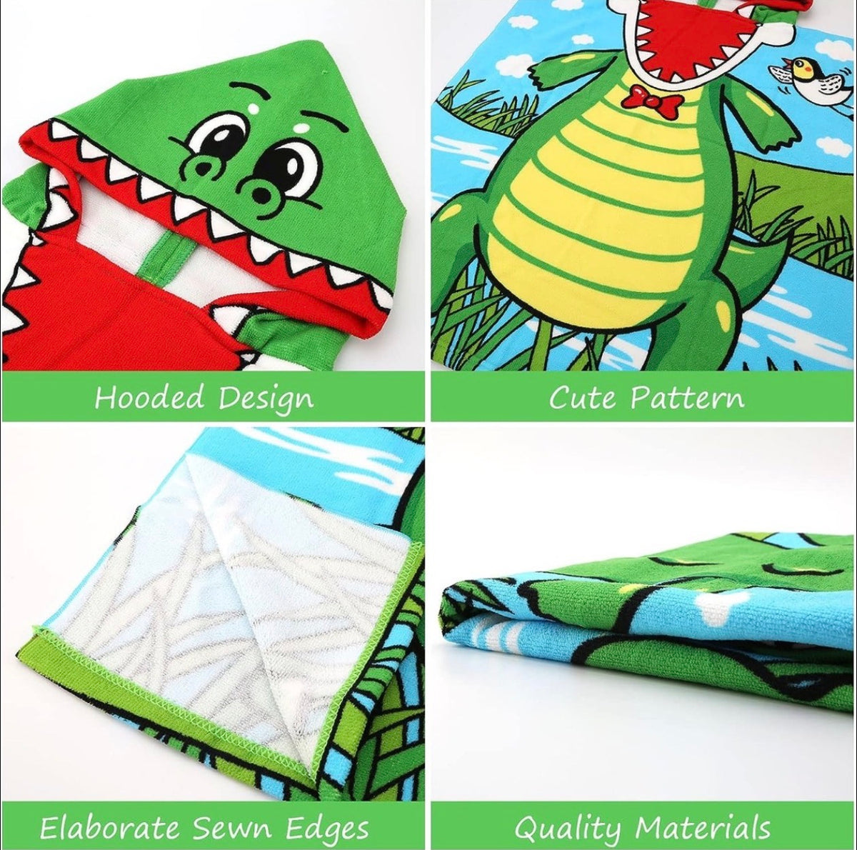 Details of the crocodile poncho towel: hood, print, stitched edges and fabric