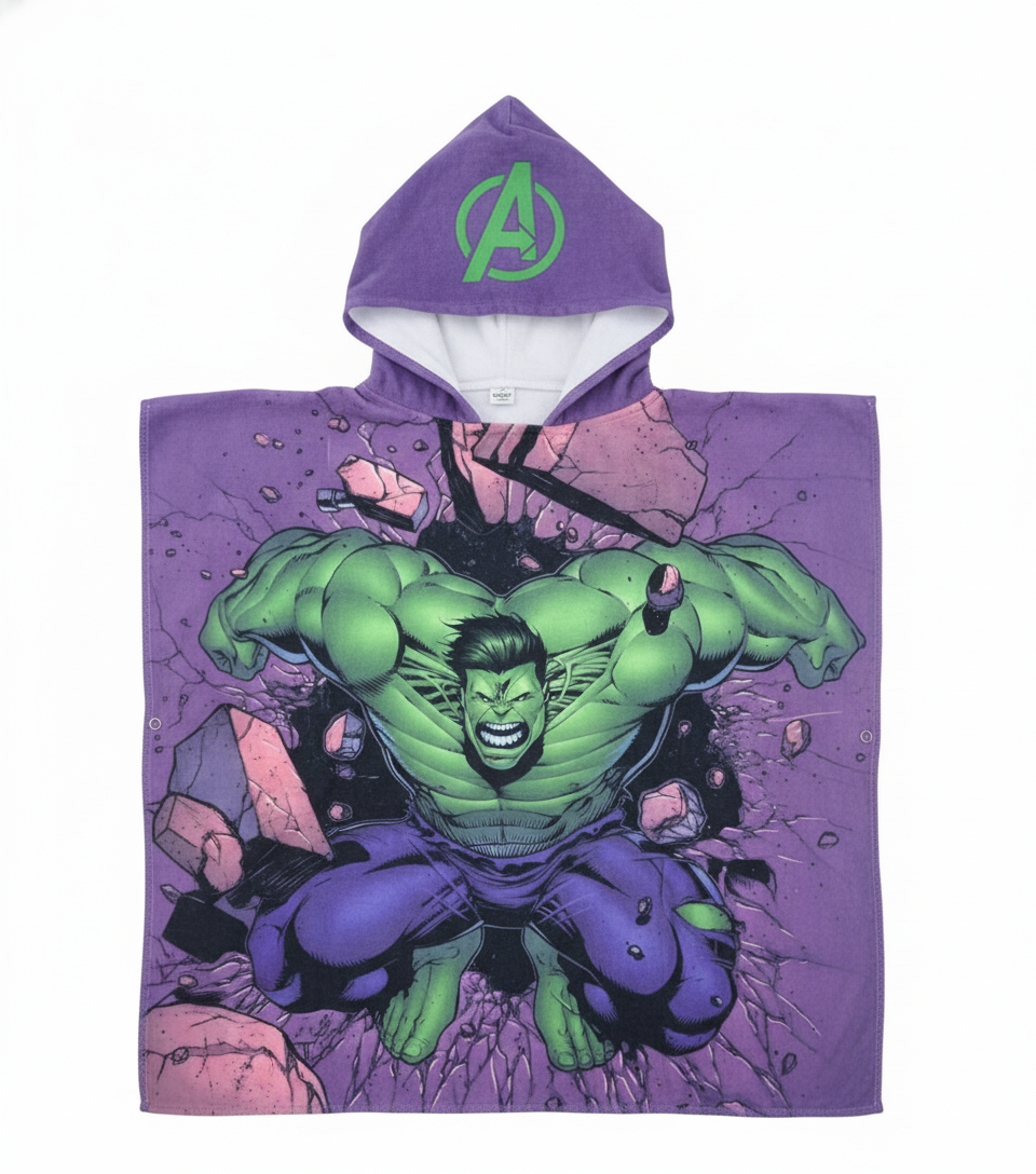 Hulk poncho towel for boys, purple with Hulk, hooded, microfiber