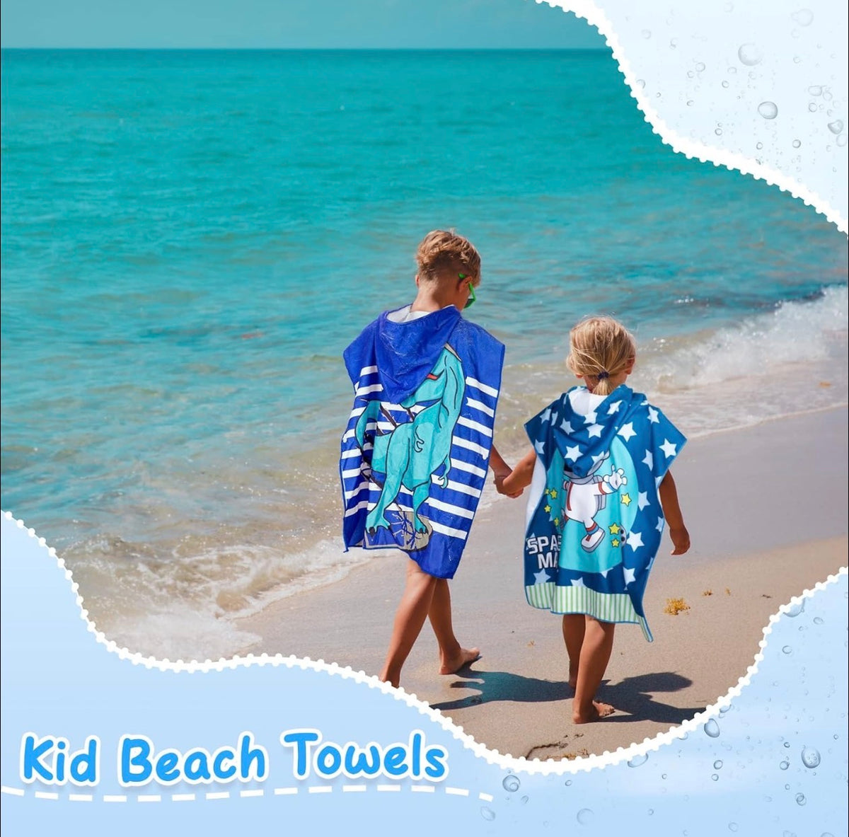 Two kids at the beach with reference poncho towels, in shark and star designs