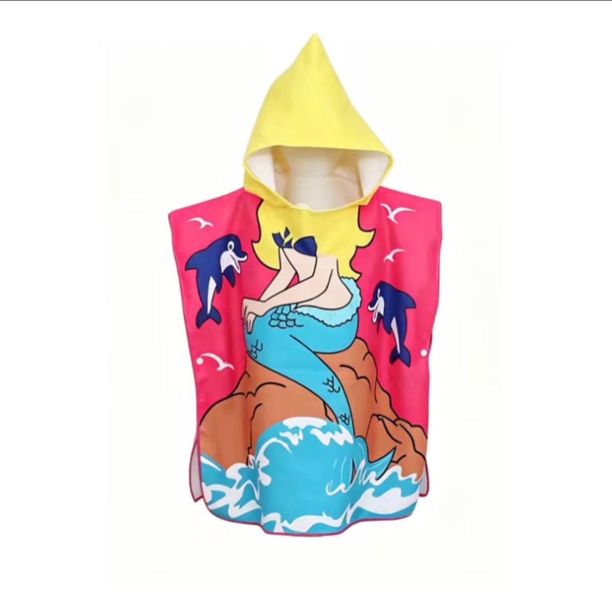 Girls' microfiber Mermaid & Dolphin poncho towel with a mermaid and dolphins and a yellow hood