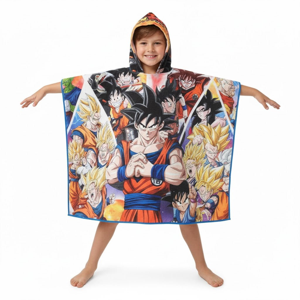 Boy wearing the Dragon Ball Z poncho towel with Dragon Ball characters, hooded, in microfiber