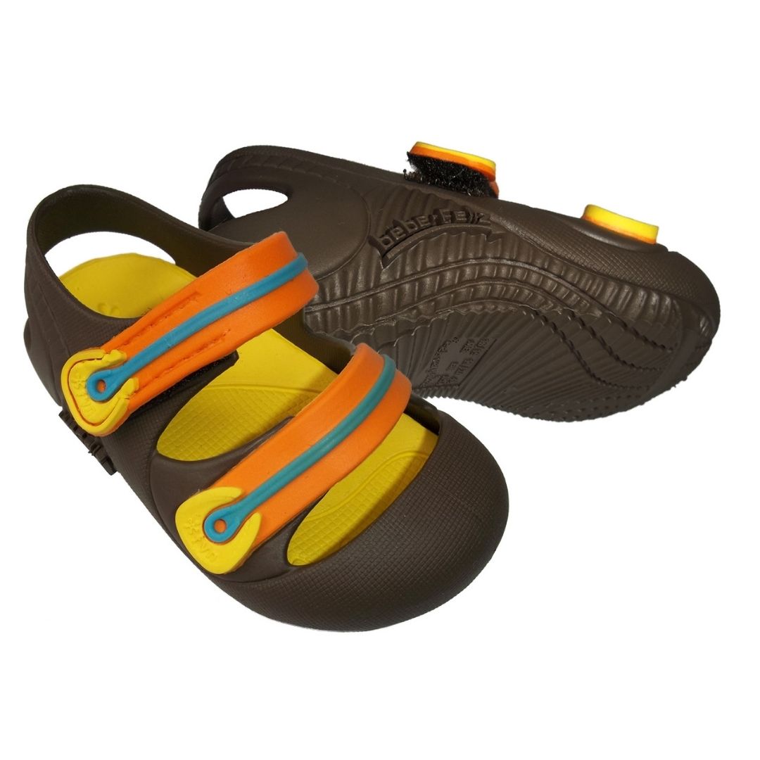 Pair of brown physiological fisherman sandals for baby boys, with orange straps, non-slip sole, cushioned