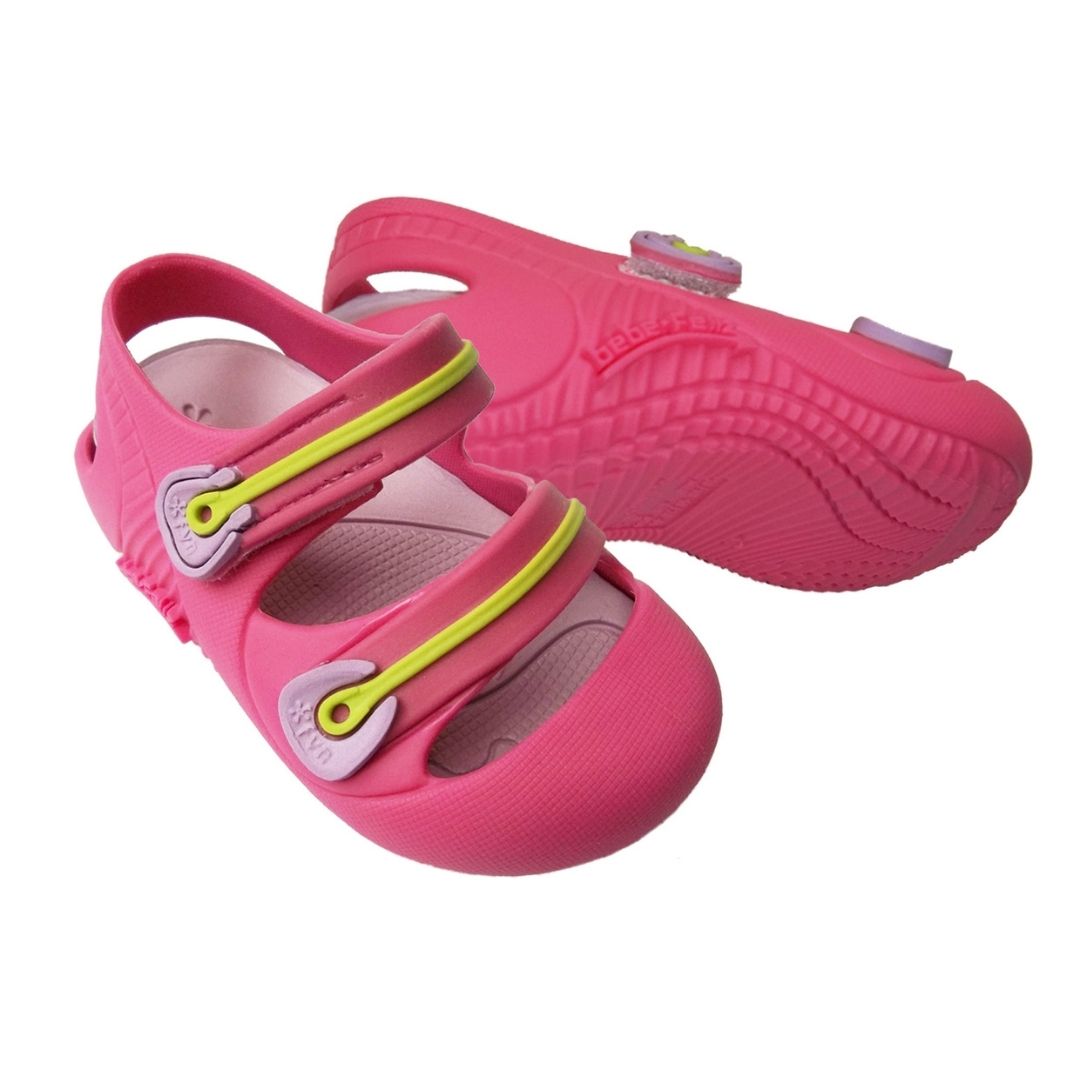 Par de cangrejeras fisiológicas fucsia para bebé niña, con correas lila y amarillas, suela antideslizante y acolchadas