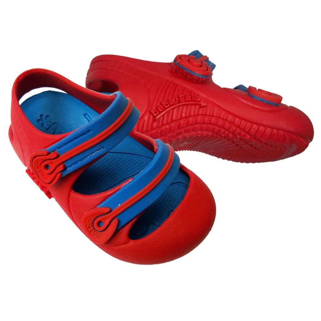 Pair of red physiological fisherman sandals for baby boys, with blue straps, non-slip sole, cushioned