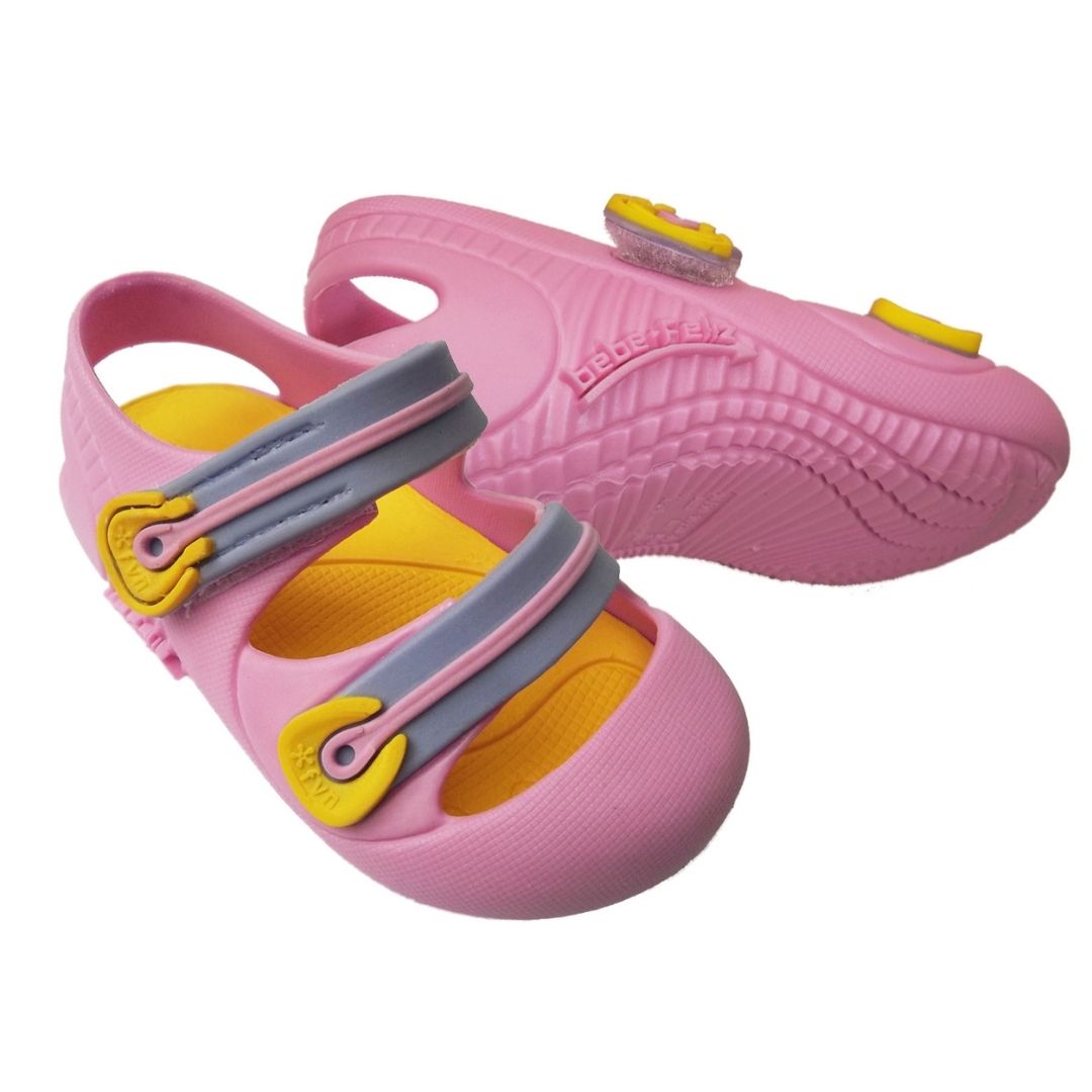 Par de cangrejeras fisiológicas rosadas pink para bebé niña, con correas grises y amarillas