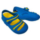 Pair of royal blue physiological fisherman sandals for baby boys, with yellow straps and insole