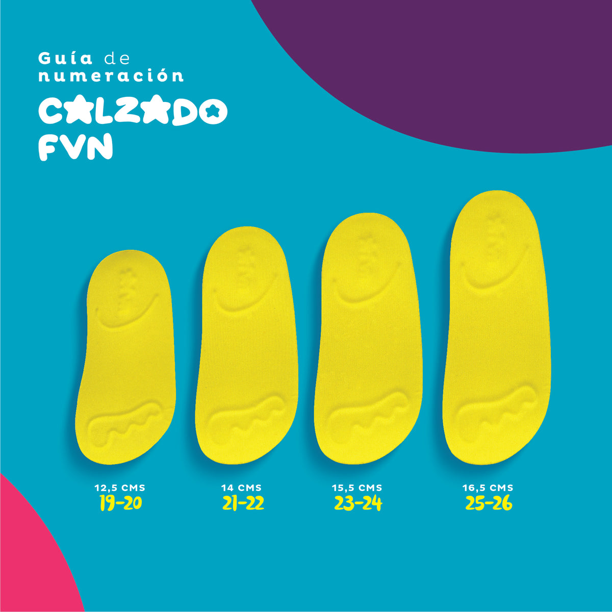 FVN footwear size chart: insoles from 12,5 to 16,5 cm for sizes 19-20 to 25-26