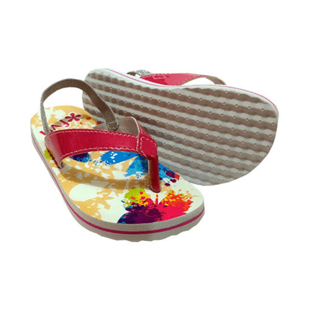 Pair of fuchsia Summer sandals for baby girls, toe-post style with a heel strap and a printed insole